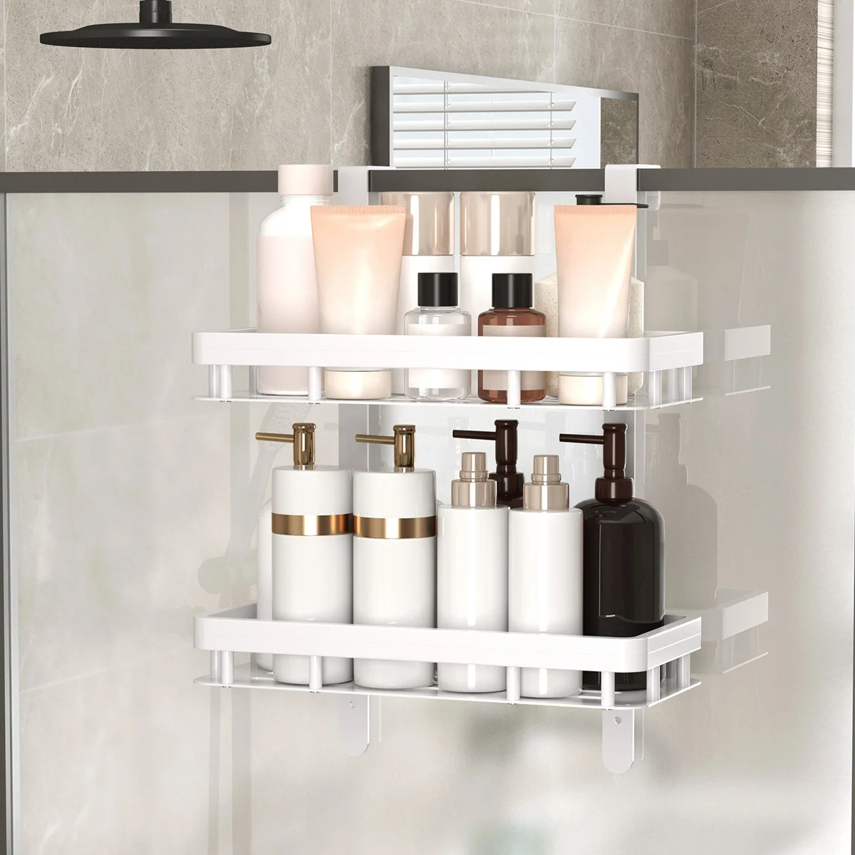 1pc Hanging shower room 3rd floor storage rack, glass door shower rack, bathroom shampoo and toiletries storage rack