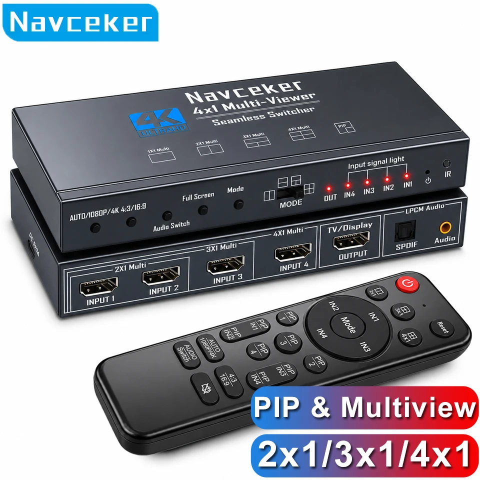 Navceker 4K HDMI Quad Screen Multiviewer 2x1 3x1 4x1 PIP Seamless Switch 4 In 1 Out HDMI Multi Viewer  for Camera PC to Monitor