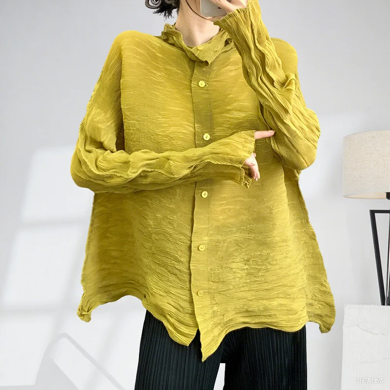 

Miyake Pleated Shirt Hand Pleated Niche Design Sense Jacket 2025 Fall New Buttons Stand-up Collar Hand Pleated Cardigan Tops