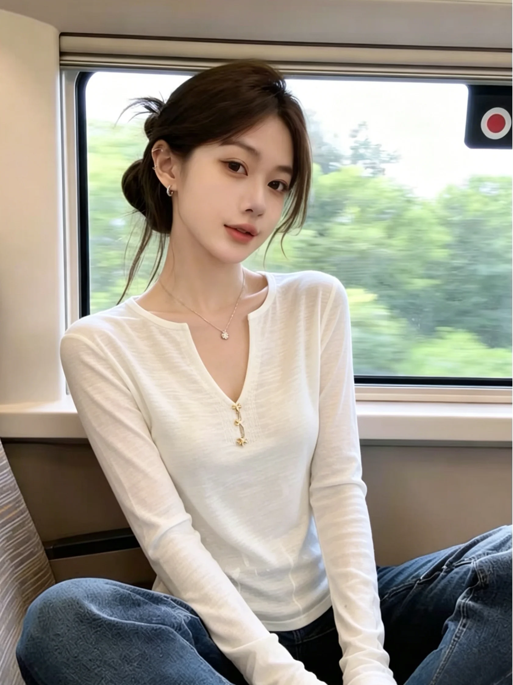 

Women's Summer New Design Sensation Thin Hollow V-neck Long Sleeve T-shirt Korean Style Commute Slim Fit Regular Length