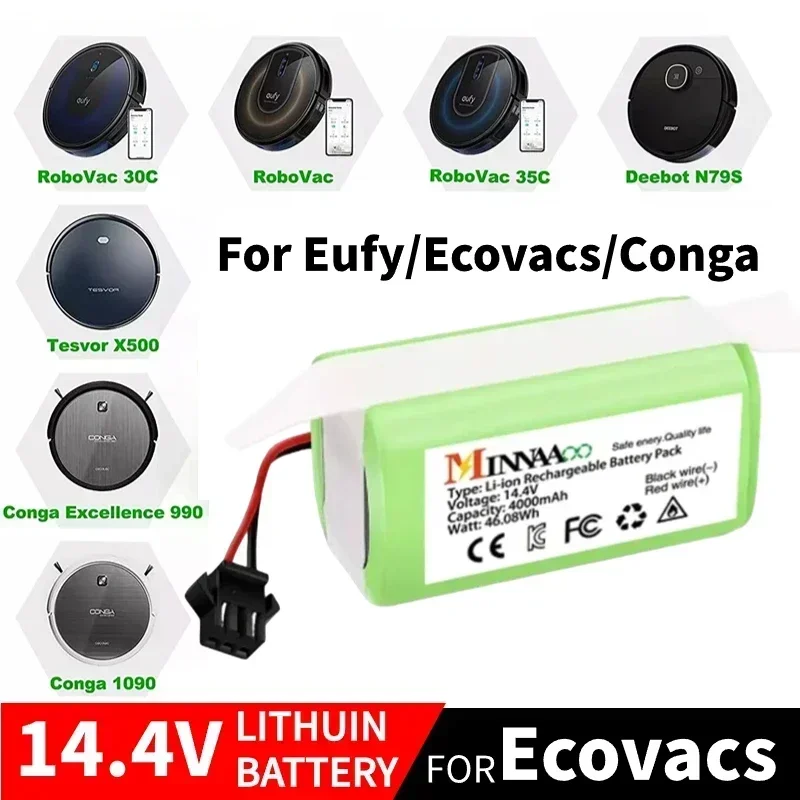 14.4V 2600mAh Li-ion Battery for Conga Excellence 990 1090 1790 1990 Ecovacs Deebot N79 N79S DN622, Eufy Robovac 30 35C