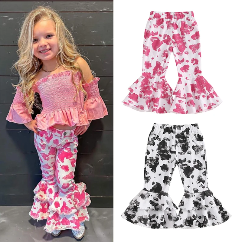 FOCUSNORM Little Girl Autumn Fashion Bell Bottom Pants Tie Dye Print Elastic Waist Layered Flare Pants with Pockets