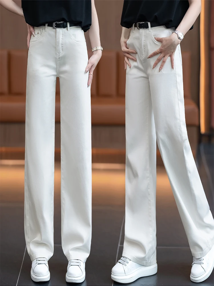 

Джинсы женские с высокой талией, прямые, летние, тонкие, новый стиль, повседневные брюки, из ледяного шелка, облегающие, широкие штанины