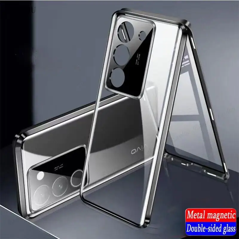 

For Vivo V29 5G Magnetic Adsorption Double-Sided Tempered Glass Phone Case For Vivo V27 Pro V27E V25 V23 Metal Frame Hard Cover