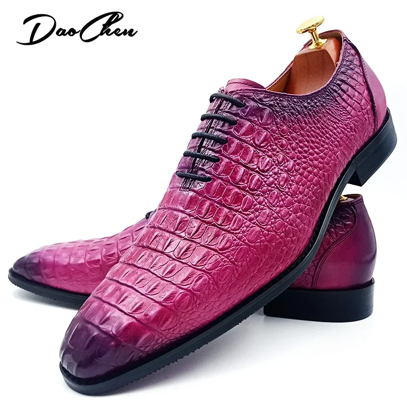 LUXURY BRAND MEN GENUINE LEATHER SHOES PURPLE CROCODILE PRINT CASUAL DRESS MAN SHOES OFFICE WEDDING OXFORD SHOES FOR MEN