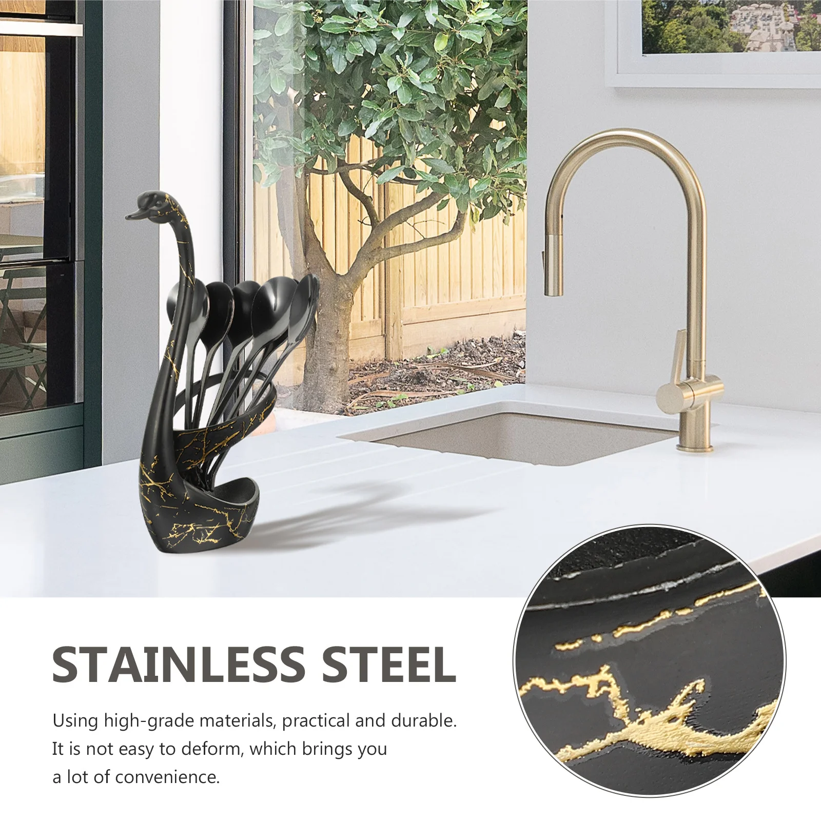 

1 Set Stainless Steel Fruit Fork Coffee Spoon Set Swan Holder Kitchen Utensils Dessert Spoons Metal Teaspoons Party Tableware