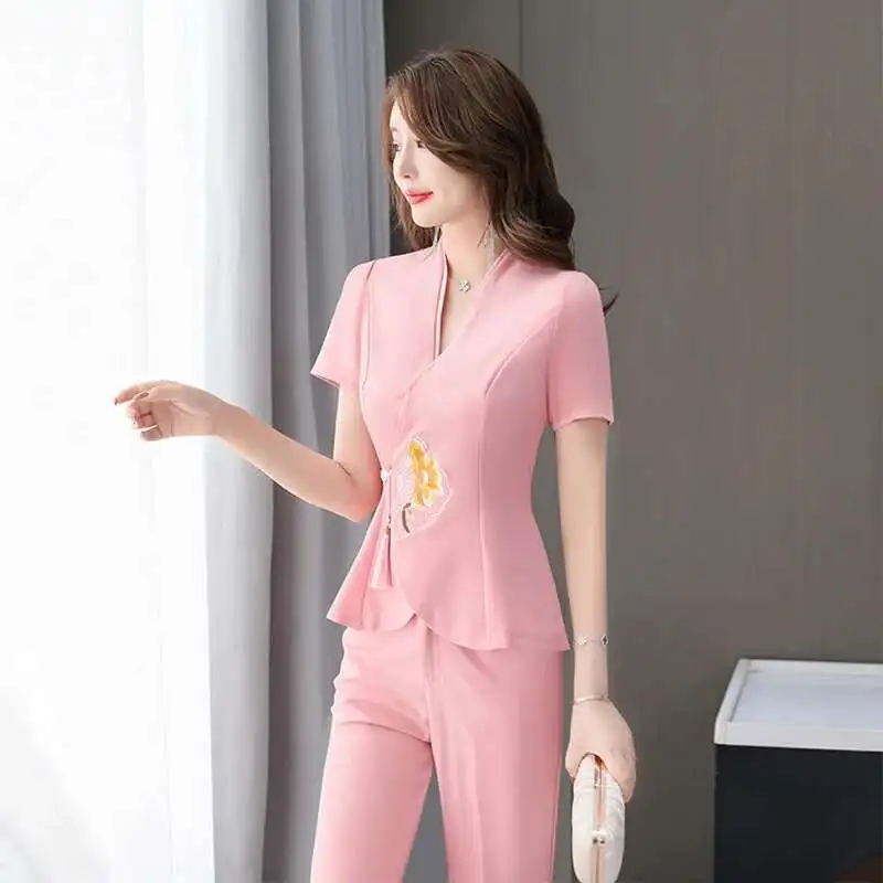 ビューティーサロンエステティシエンヌスパマッサージ服フットセラピスト作業ガウン女性用ブルー美容師制服スーツ-Be