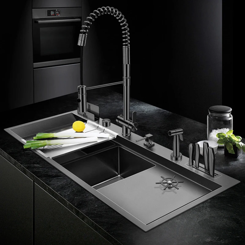 Double Sink Cup Rinser Kitchen Sink 4mm Thickness 220mm Depth with Knife Holder Handmade Sinks