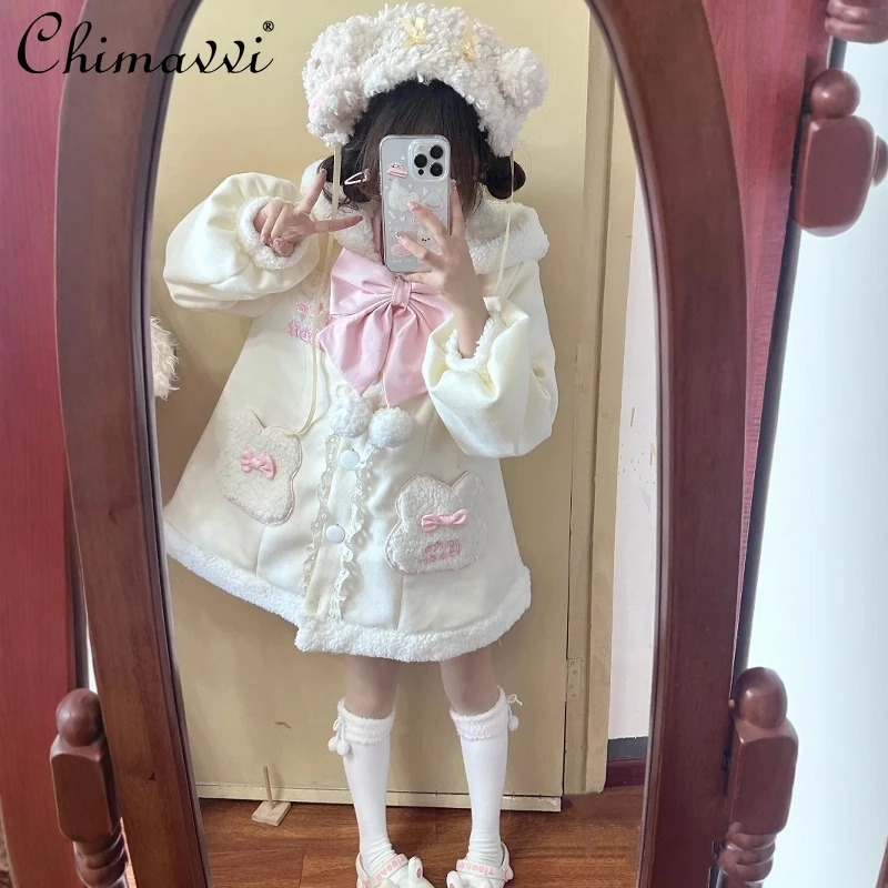 Lolita Style Winter Velvet Warm Coat Cute Rabbit Ears Loose Long Sleeves Sweet Girl Womens Mid-length Kawaii Hooded Jackets