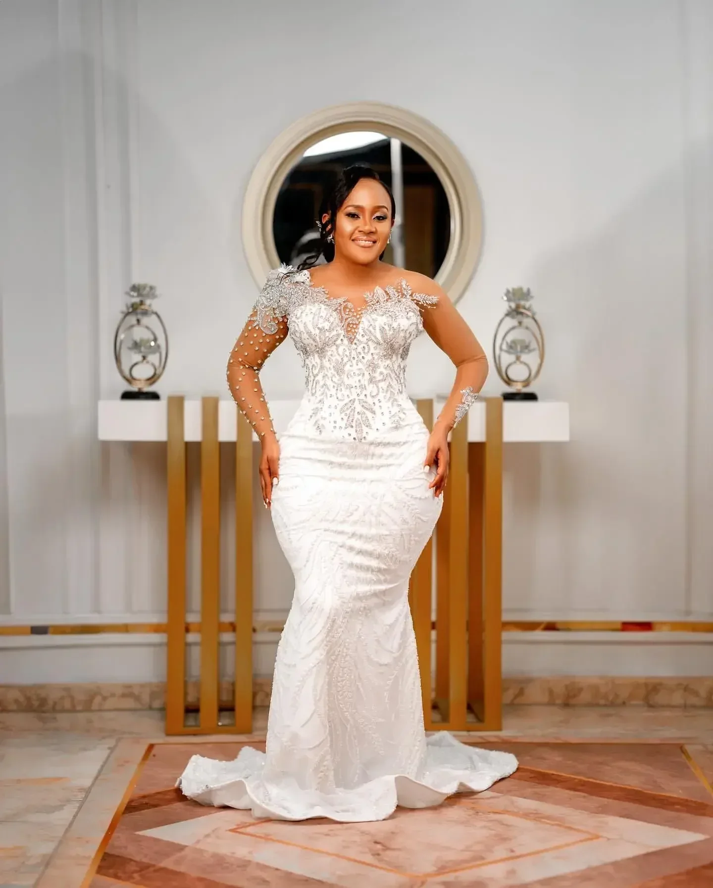 Customized Arabic Plus Size Ivory Mermaid Wedding Dresses Lace Beaded Crystals Detachable Train Bridal Gowns