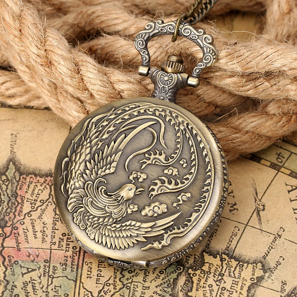 

Nostalgic Bronze Unisex Quartz Pocket Watch Necklace Slim Chain Phoenix Classic Men Women Elegant Pendant Clock Unique Souvenir