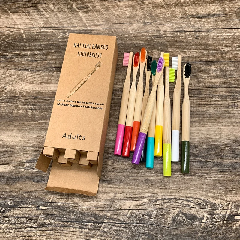 

10PCS Adult Bamboo Toothbrush Set with Painted Round Handle Colored Bamboo Charcoal Bristles Non-disposable Toothbrushes Random