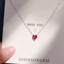 WOSIKATE Korean 925 Sterling Silver Red Corundum Heart Pendant Necklace For Women Fashion Jewelry Simple Clavicle Chain Necklace