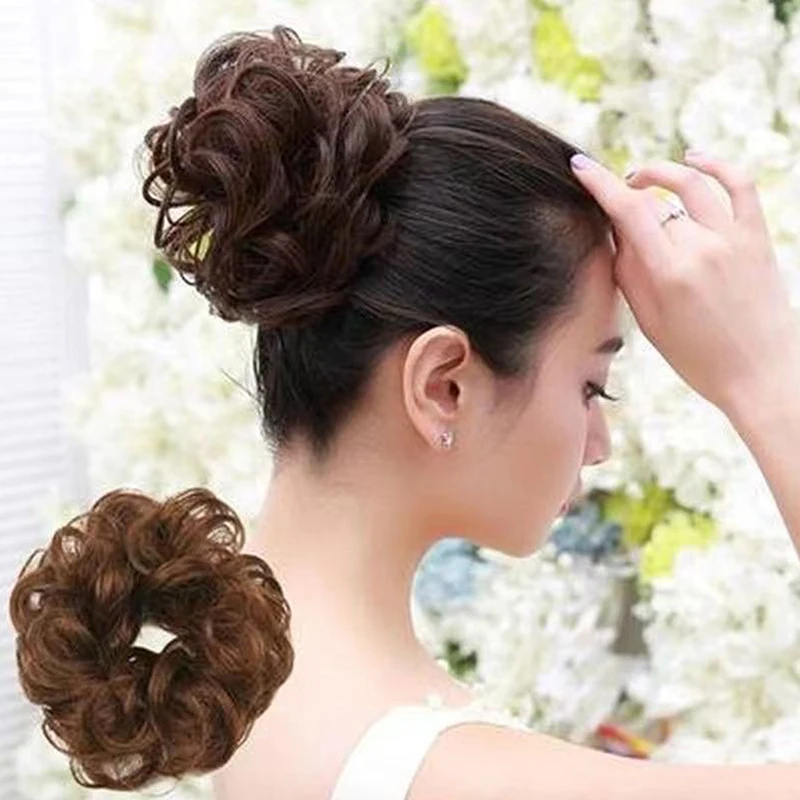 Synthetic Messy Bun Chignon Donut Gary Brown Color Hair Bun Pad Elastic Hair Rope Rubber Band Hair Extensions