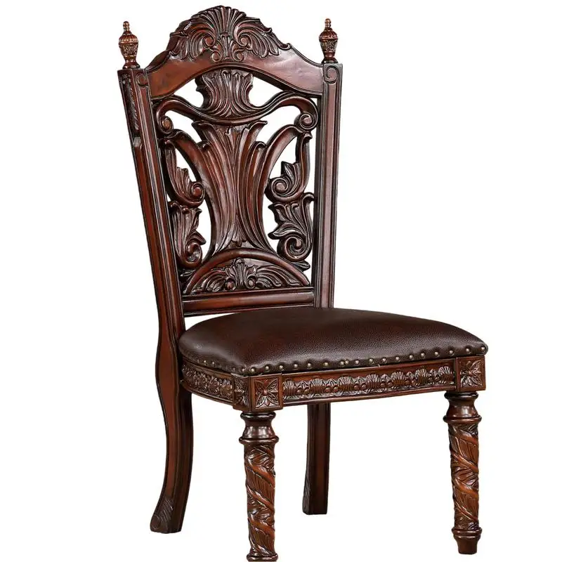 Sillas auxiliares tradicionales de 2 piezas con asientos de polipiel de cerezo marrón y talla de madera sintética, juego de muebles de comedor de madera maciza