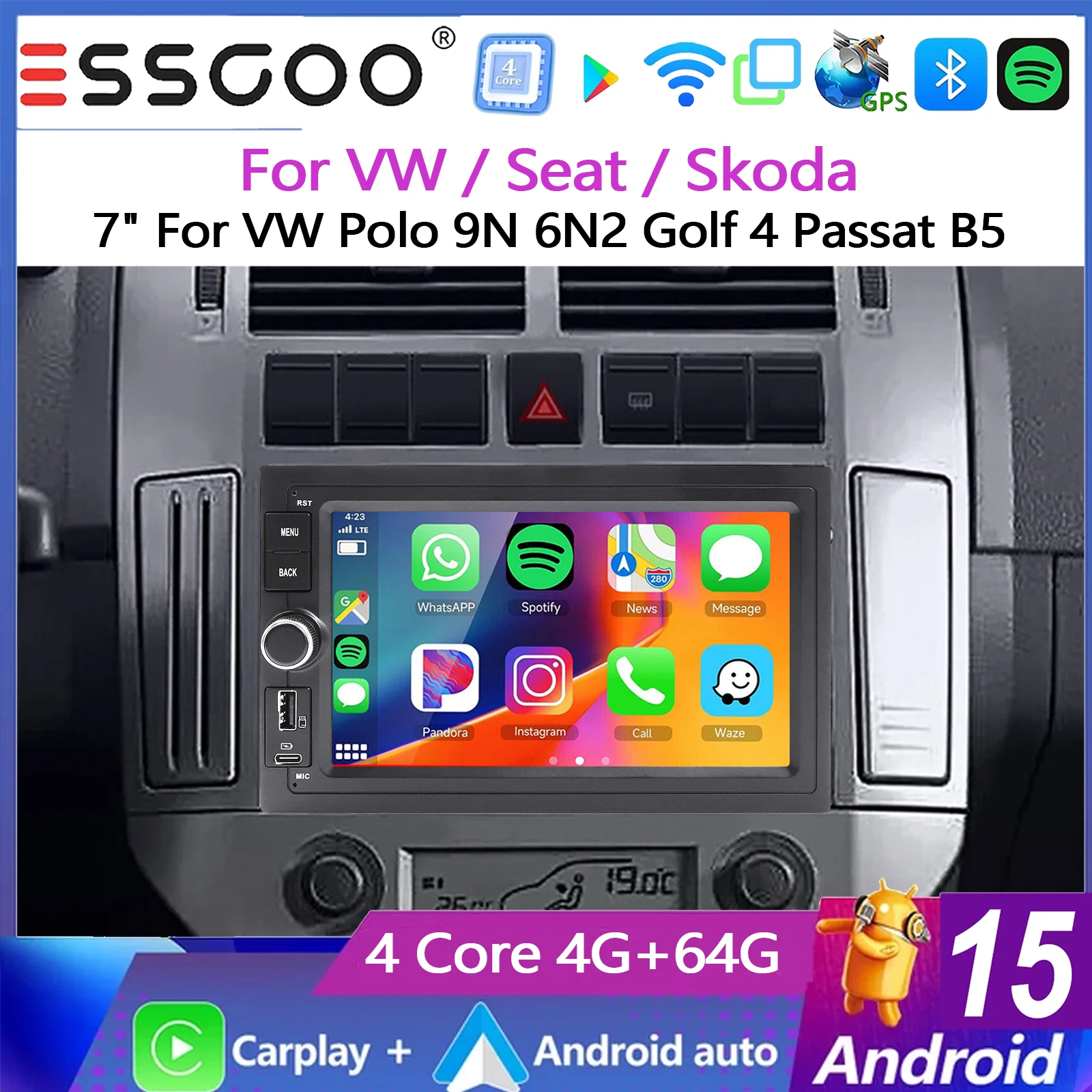 ESSGOO 7" Android 15 4+64G Autoradio für Seat/Skoda/VW Polo 9N Golf Jetta MK4 Passat B5 mit kabellosem Carplay, Android Auto, GPS-Navigation, RDS, FM, WLAN, Bluetooth, Mirror Link, Lenkradsteuerung,