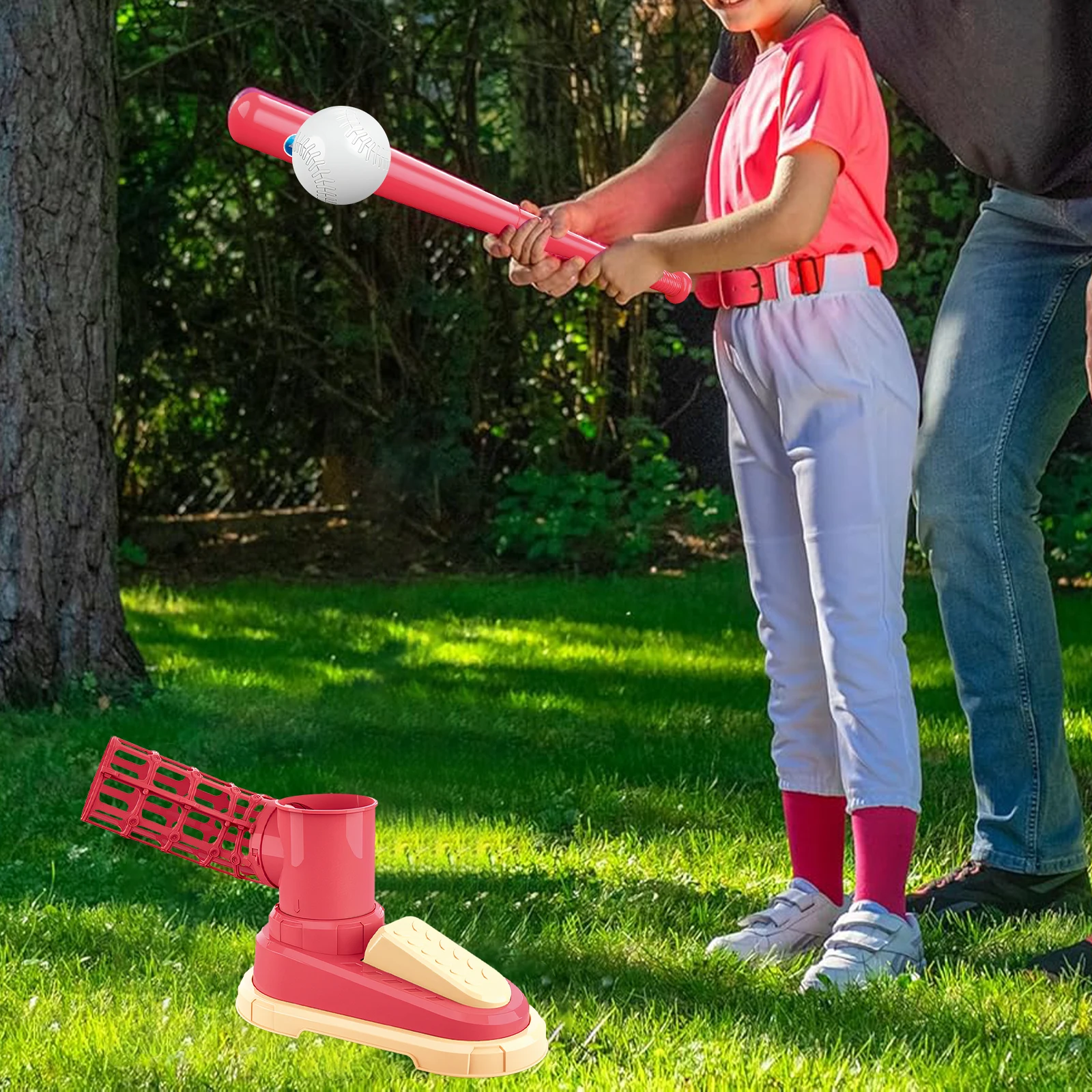 

Pop a Pitch Baseball Pitching Machine for Kids with Collapsible Bat 3 Baseballs Included T-ball Toy for Children's Sports Activi