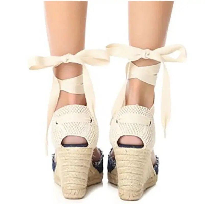 Summer Platform Wedges Sandals Women Canvas Espadrilles Sandals Ankle Strap High Heels Gladiator Sandals Shoes Womens Casual