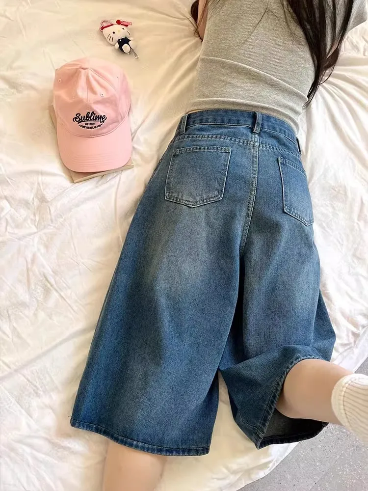 

Retro Blue Denim Seven-Foot Pants Loose Straight Thin Summer Men Women American Sle Vibe Pants Wide Leg Trousers