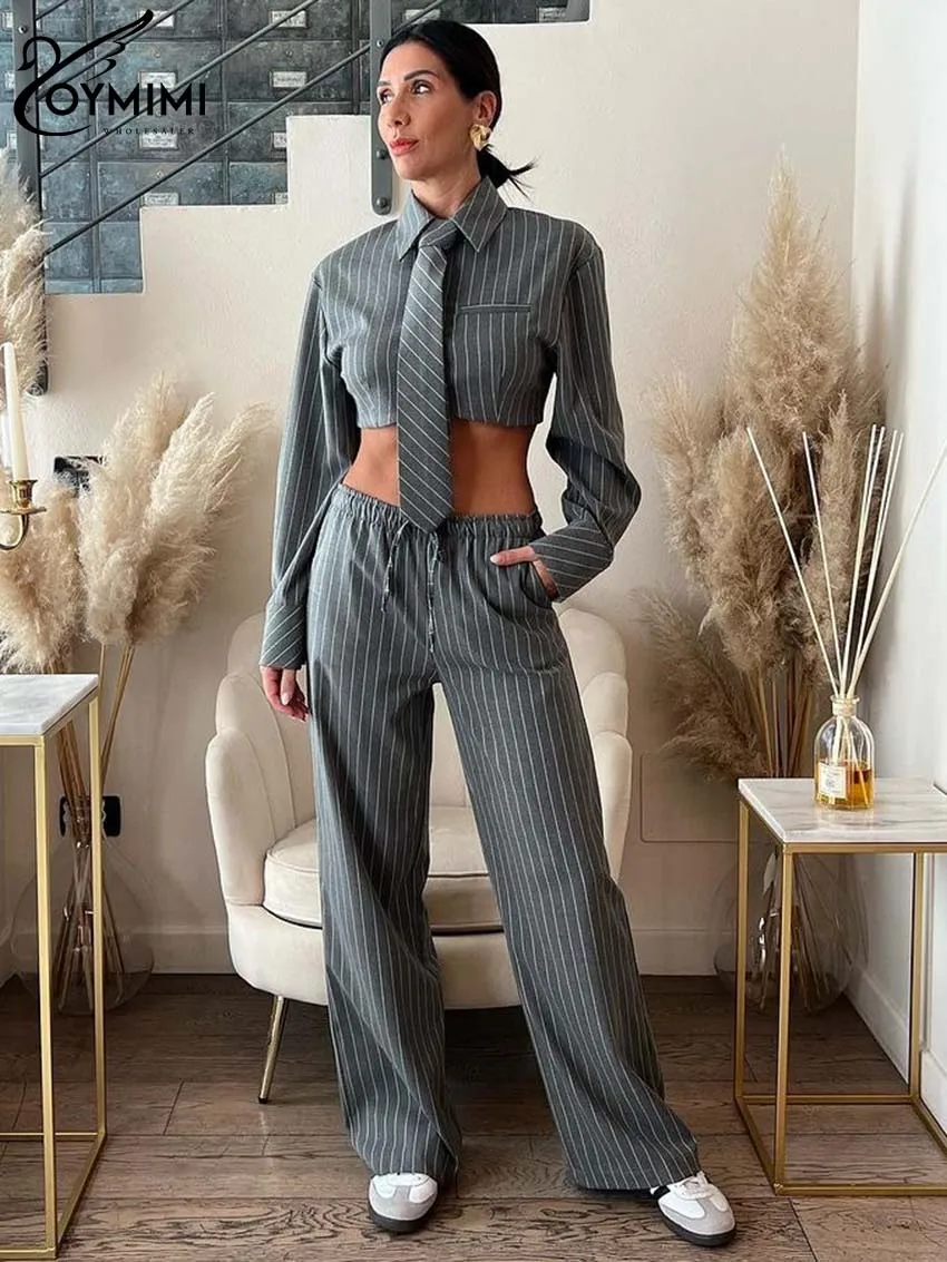 Oymimi Elegant Grey Print Womens 2 Piece Outfit Set Fashion Long Sleeve Button Crop Shirts And Drawstring Straight Trousers Sets