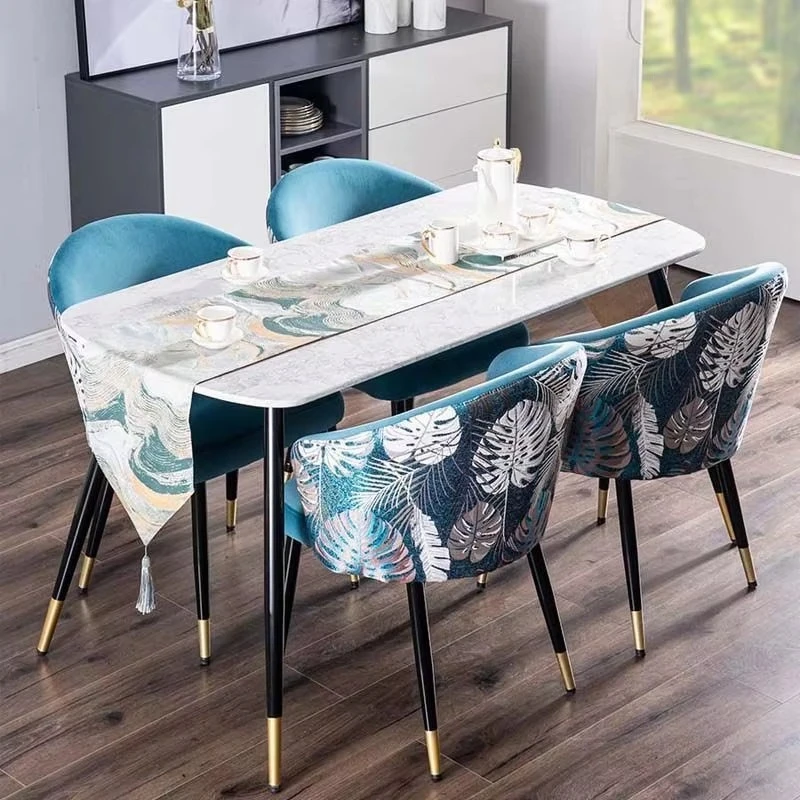 Light luxury metal dining chair with silk flower backrest, suitable for family use
