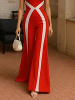 Yeezz Women's Red High-Neck Off-Shoulder Wide-Leg Jumpsuits 2025 New Fashion Contrast Color High Waisted Party One-piece Pants - Image 3