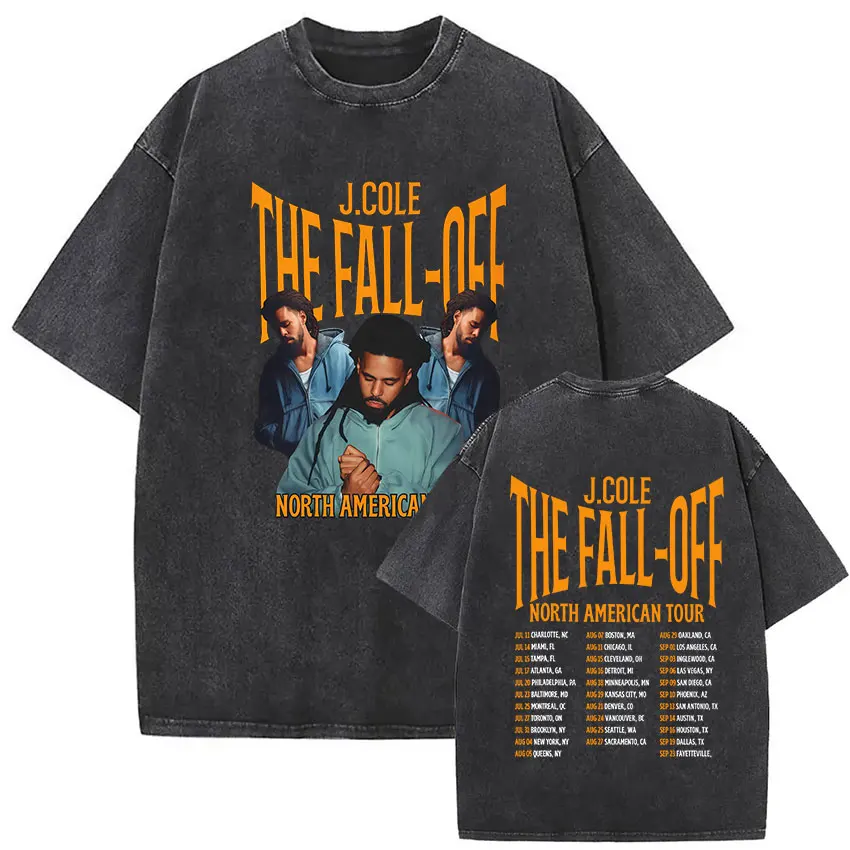 T-shirts vintage lavés J. Cole ​ T-shirt graphique The Fall Off North America Tour 2026, vêtements pour hommes, t-shirt à manches courtes Hip Hop