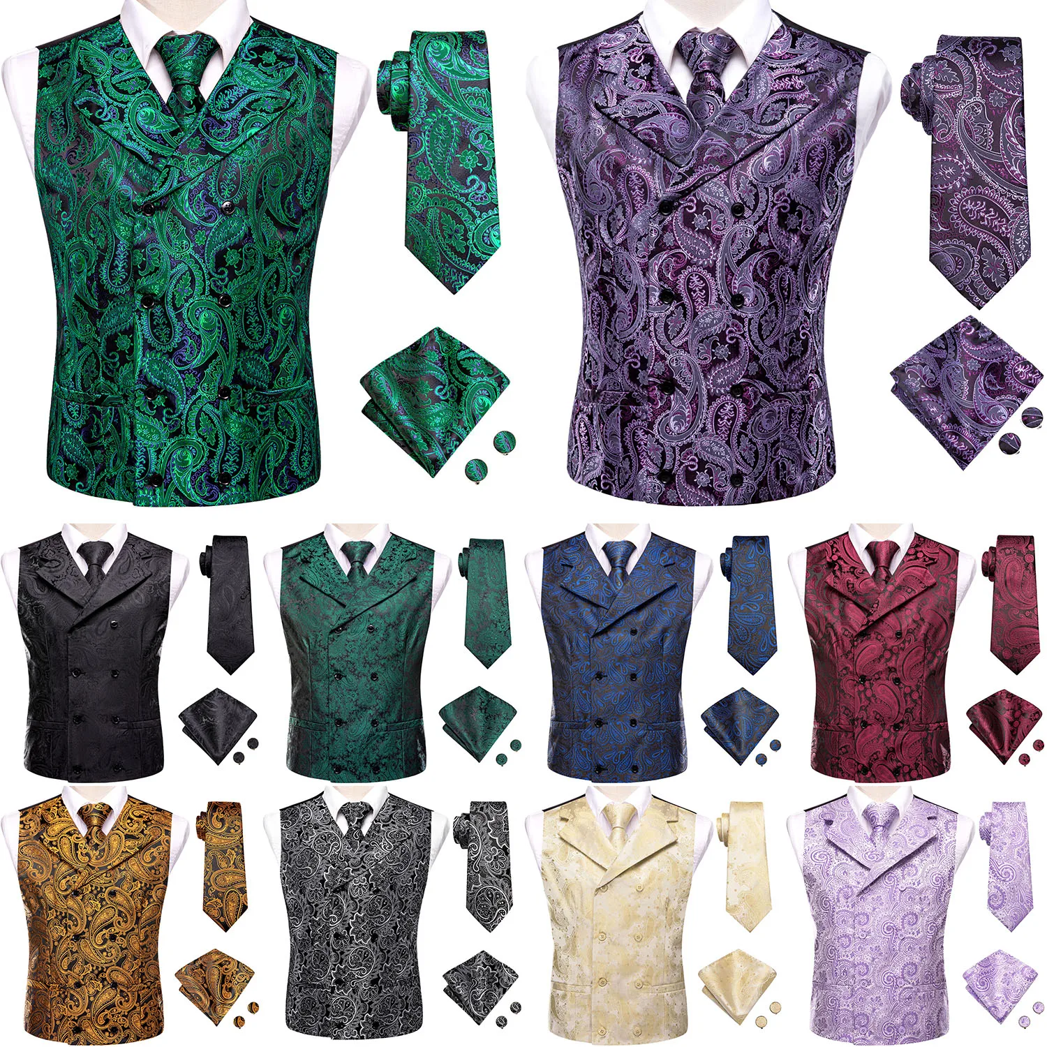 

Designer Silk Mens Vest Paisley Green Purple Beige Black Grey Blue Red Waistcoat NeckTie Hanky Cufflinks Business Party Hi-Tie