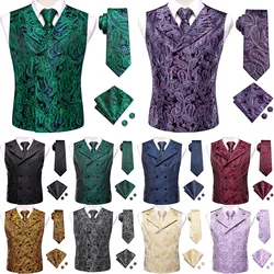 Designer Silk Mens Vest Paisley Green Purple Beige Black Grey Blue Red Waistcoat NeckTie Hanky Cufflinks Business Party Hi-Tie