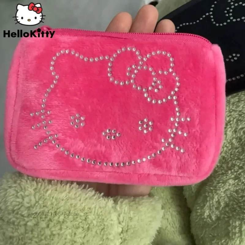 Sanrio Diamonds Hello Kitty Cute Zipper Portable Zero Wallet Keychain, Fashion Plush Mini Storage, Key Bag, Cartoon Earphone Bag