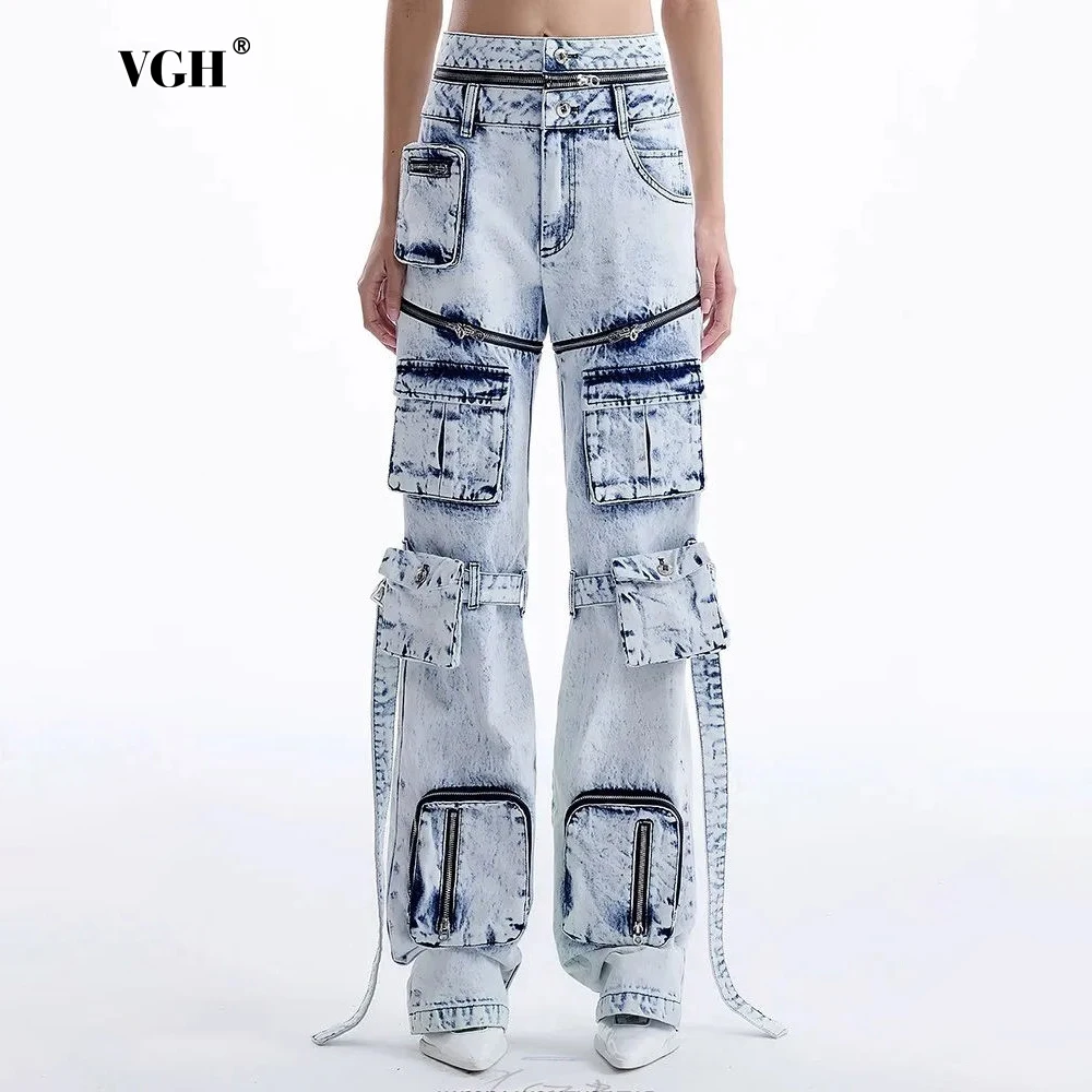 

VGH Detachable Cargo Denim Trousers For Women High Waist Patchwork More Than Pockets Stright Pants Female 2024 Fahsion Clothing