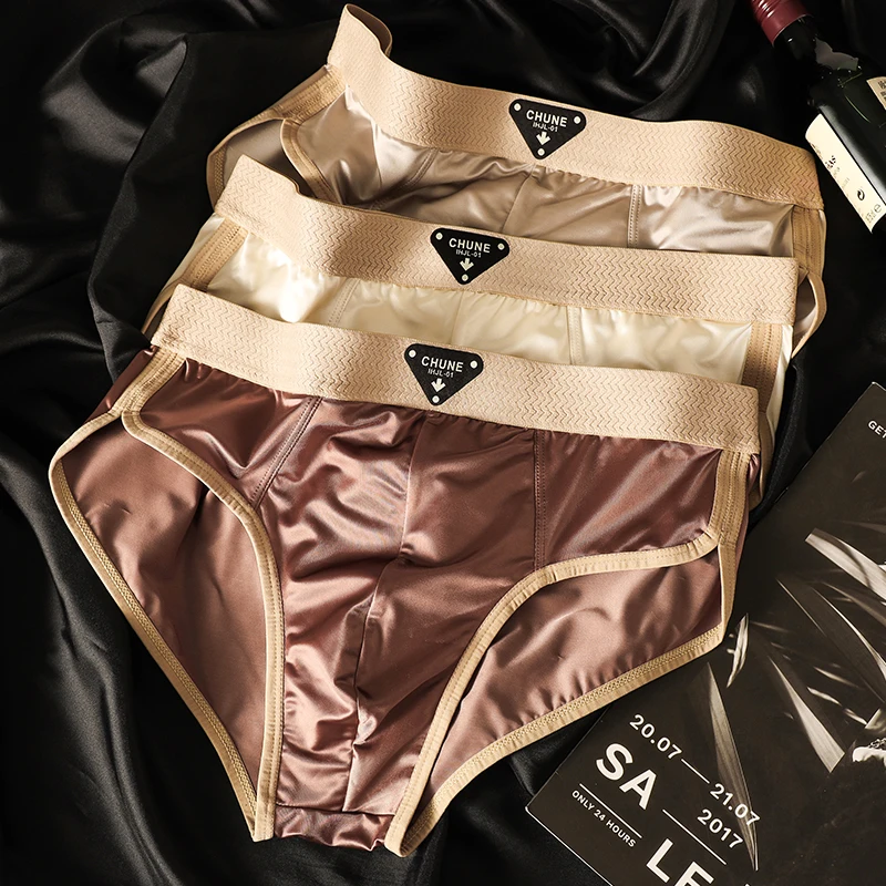3-pack luxury ice silk satin men's briefs youth sports men's underwear breathable fashionable briefs solid color cool underpants