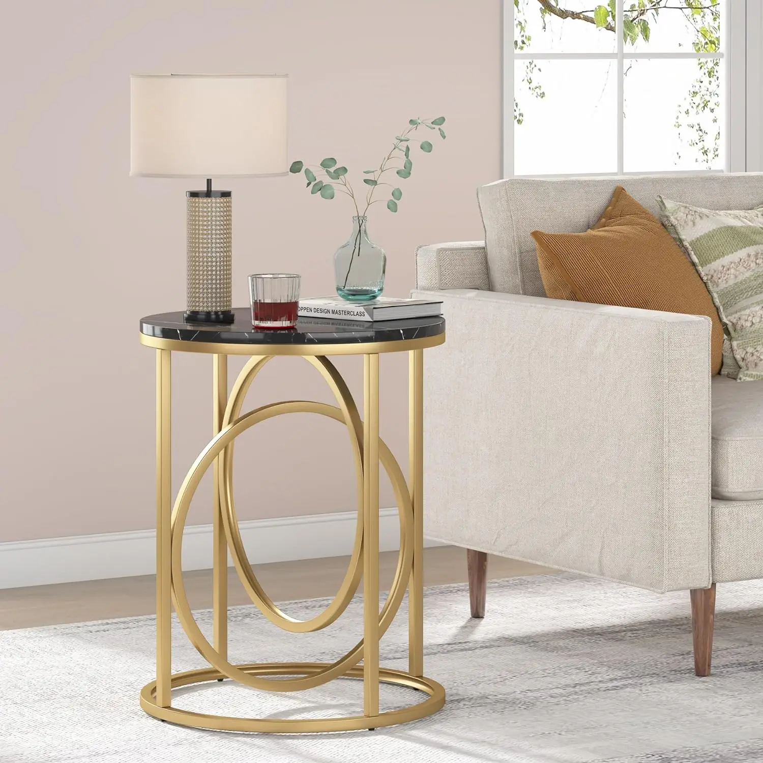 Modern Round End Table Set of Two, 20”Sofa Side Table Cocktail with Gold O-Shaped Base, Midcentury Accent Table Nightstand