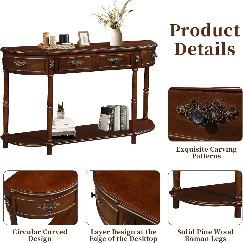 HMFULE 레트로 곡선형 콘솔 테이블, 52인치 반달형 콘솔 테이블 소파 테이블 현관 테이블 2개의 서랍과 1개의 오픈 선반 포함 솔리드 파인 L