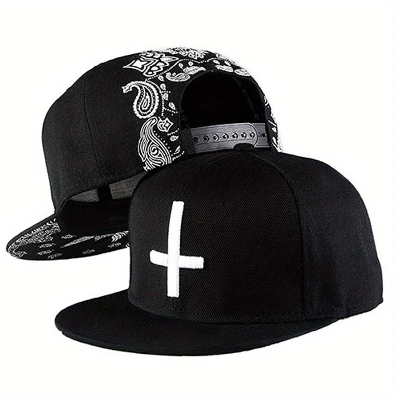 Flat Brim Cross Embroidered Baseball Cap Flower Print  Breathable Sun Protection Snapback For Women Men Sport Hiking Hip-Hop Hat