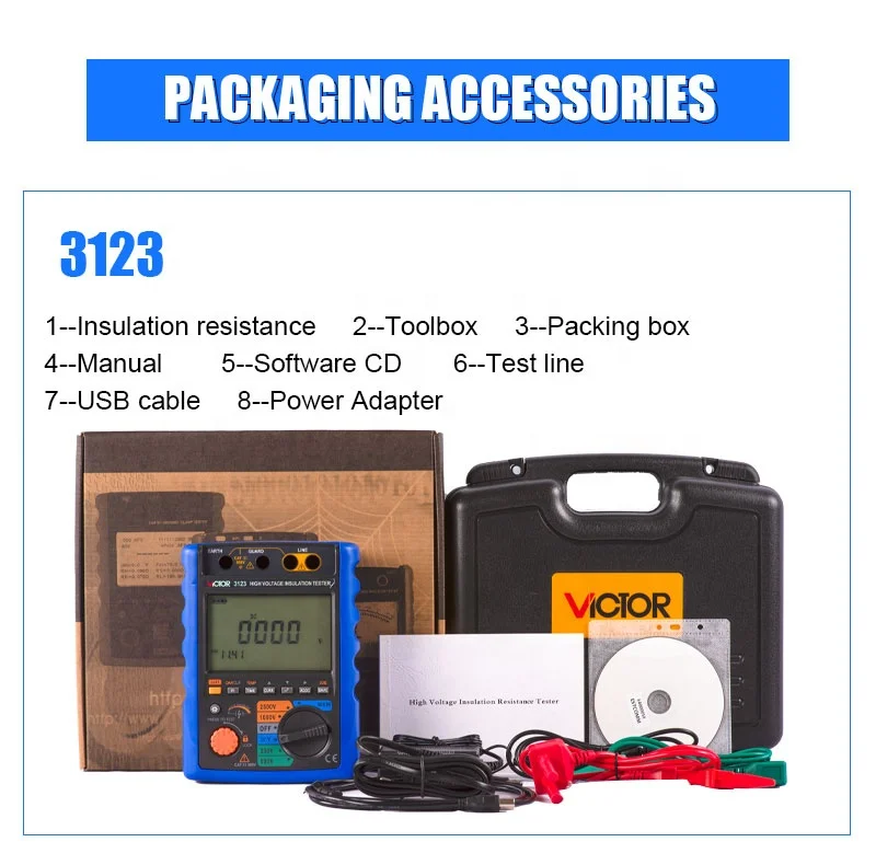 VICTOR 3126 Tester resisten insulasi voltase tinggi, 5000V Digital rentang otomatis 9999 hitungan IP40 komunikasi USB perintah SCPI