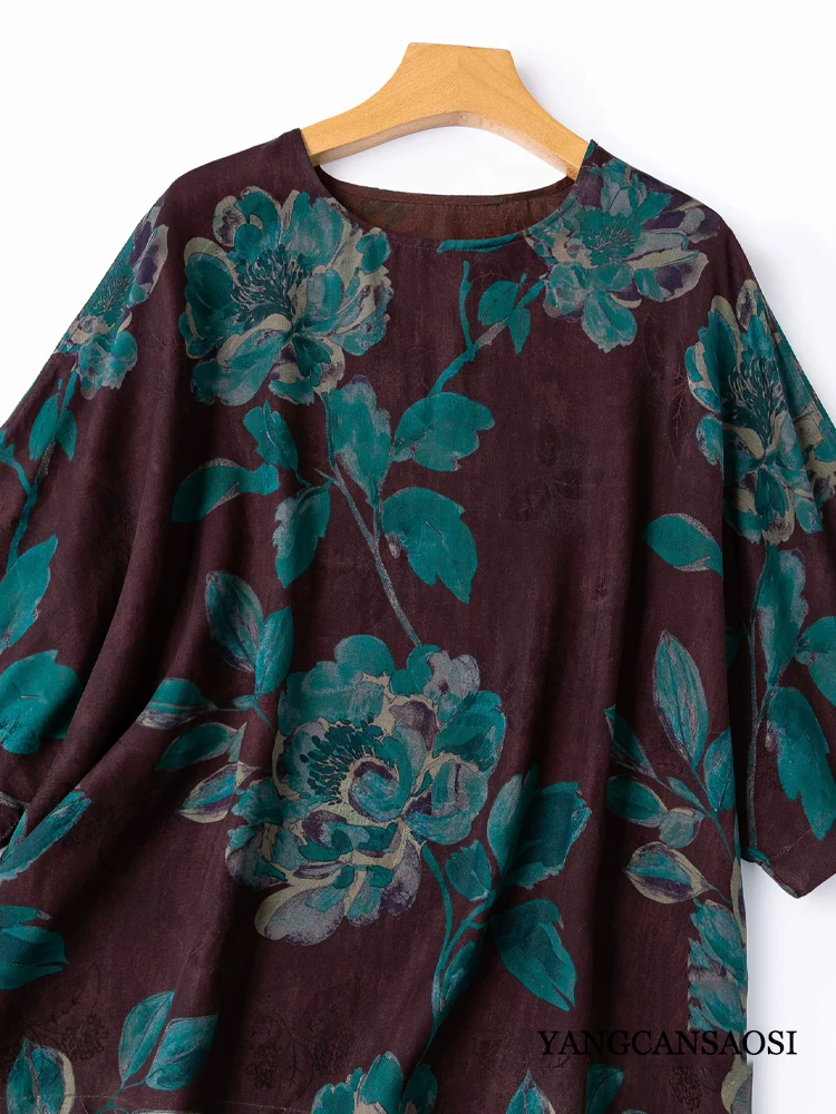 Women's Fashion New Breathable 100% Natural Mulberry Silk Fragrant Cloud Yarn Loose Round Neck Batwing Sleeve Printed T-shirt