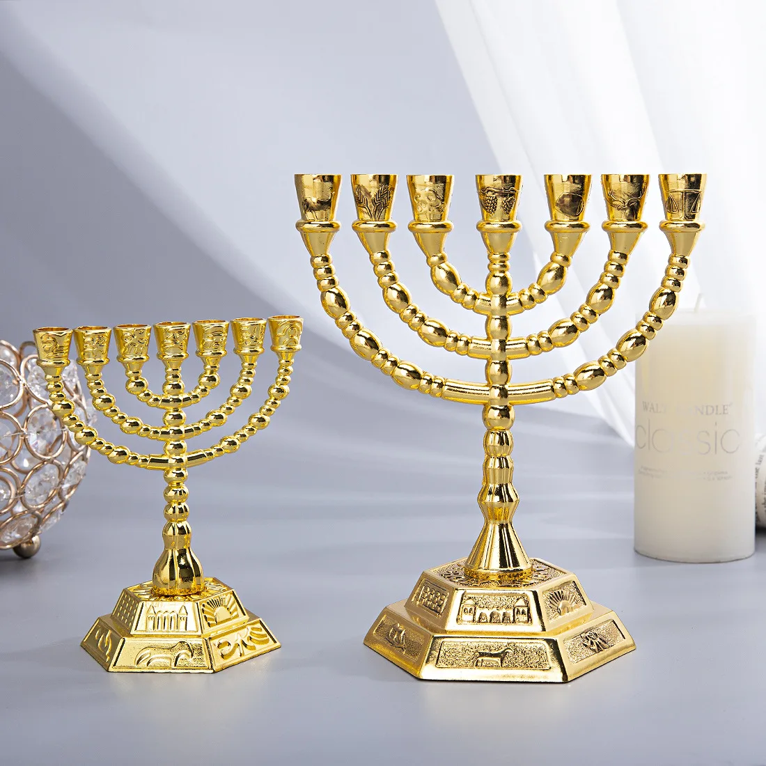 12 Tribes of Israel Menorah, Jerusalem Temple 7 Branch Jewish Candle Holder Gold