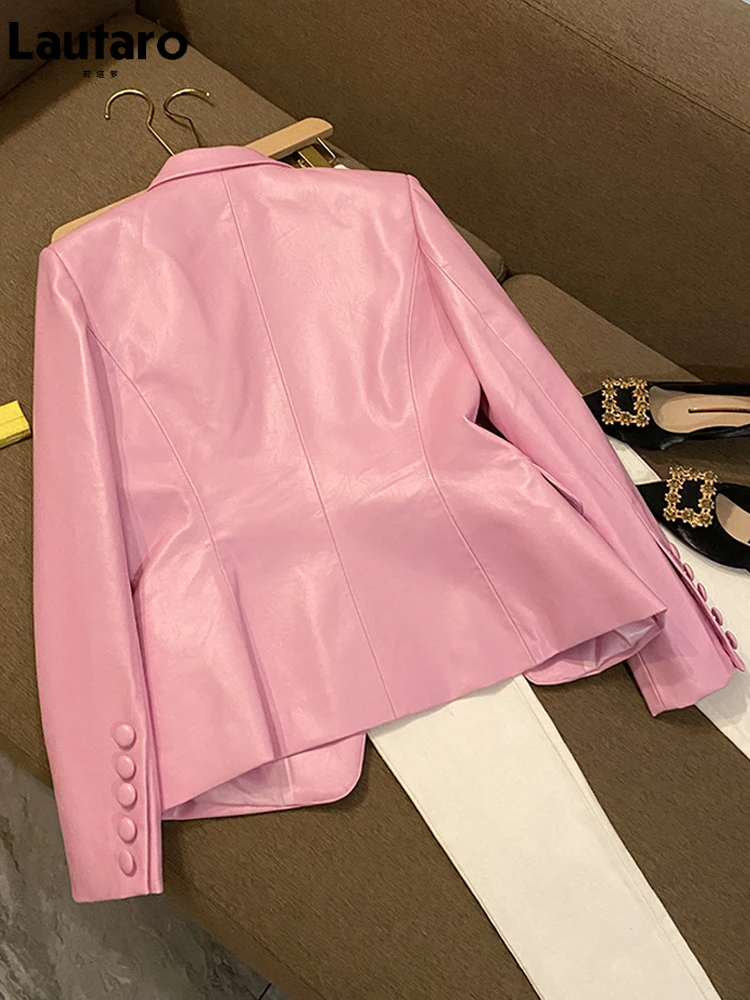 Lautaro primavera elegante curto rosa macio couro do plutônio blazer manga longa fino ajuste jaquetas de luxo para as mulheres 2022 moda elegante 5xl