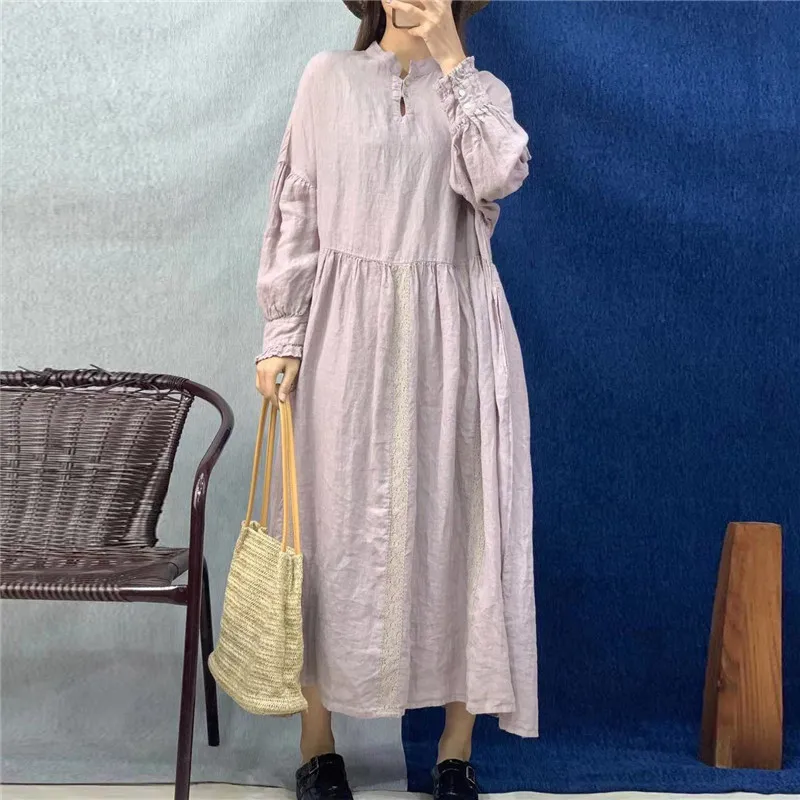 Johnature New Linen Women Embroidery Loose Dresses 2024 Autumn Vintage O-neck Full Sleeve Button Solid Color Female Dress