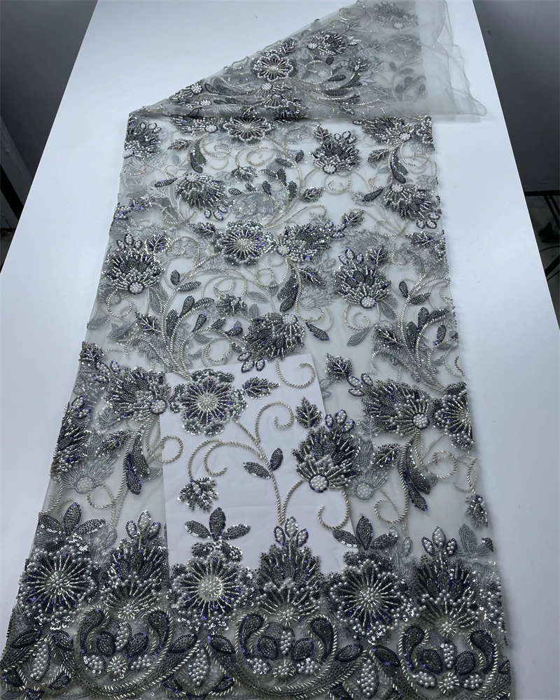 

African Nigerian French Net Groom Embroidery Tulle Sequins Lace Fabric Heavy Beaded Luxurious Wedding Lace for Brides