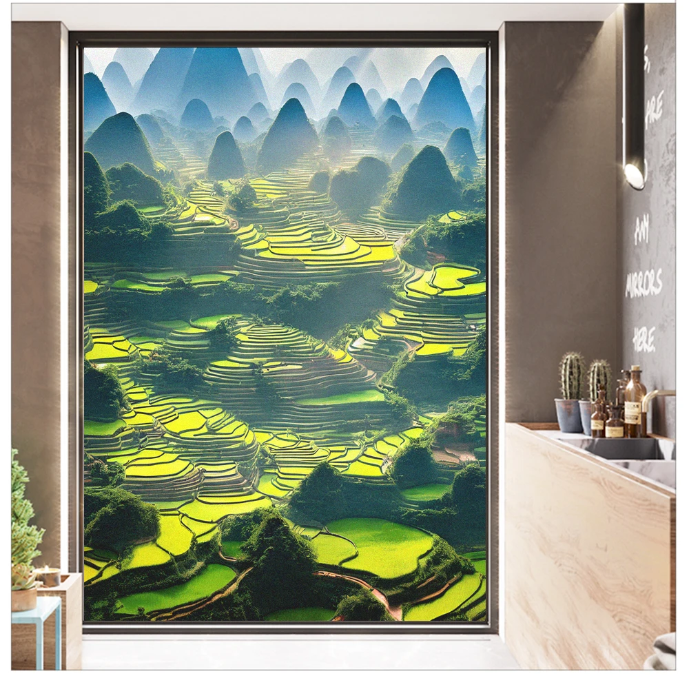 

Static Cling Privacy Window Film Heat Control Anti UV Blocking Window Stickers Guilin Landscape Frosted Glass Window Decoration