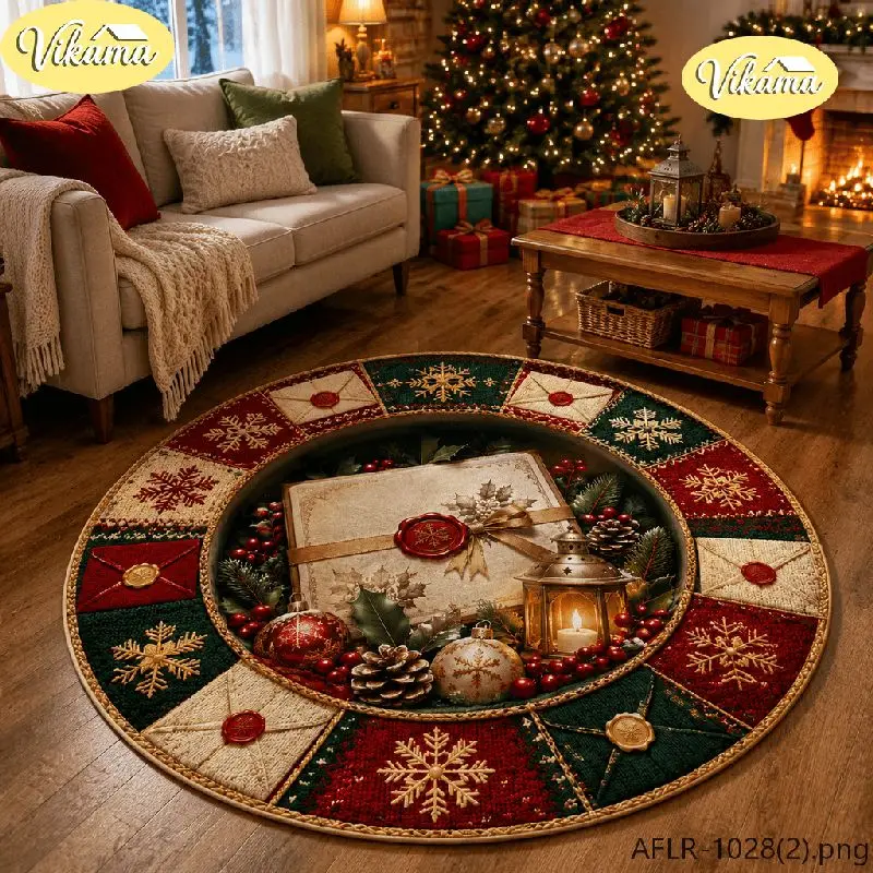 VIKAMA Christmas Round Rug Christmas Letter Seal Pinecone Lantern Area Rug Living Room Holiday Home Decor Aesthetic Art Large