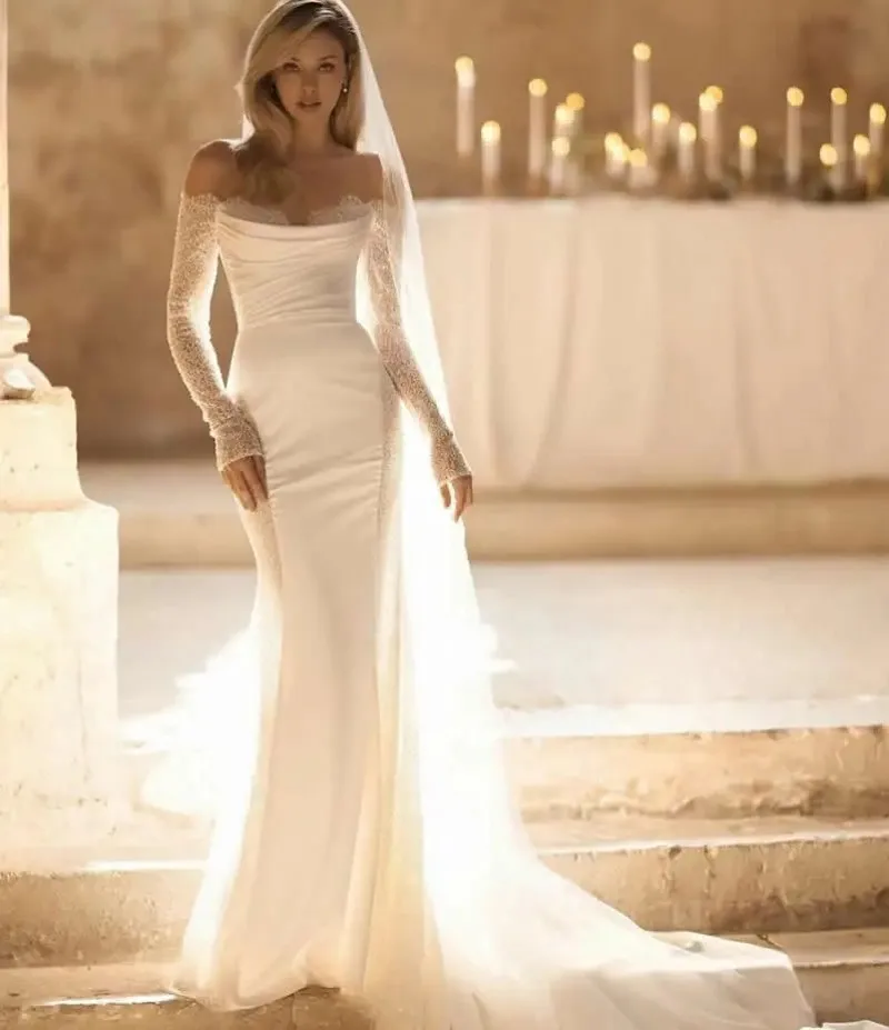 2025 vestido De novia De encaje De sirena mangas largas sin hombros Vestidos De novia brillantes sin espalda Vestidos De novia personalizados