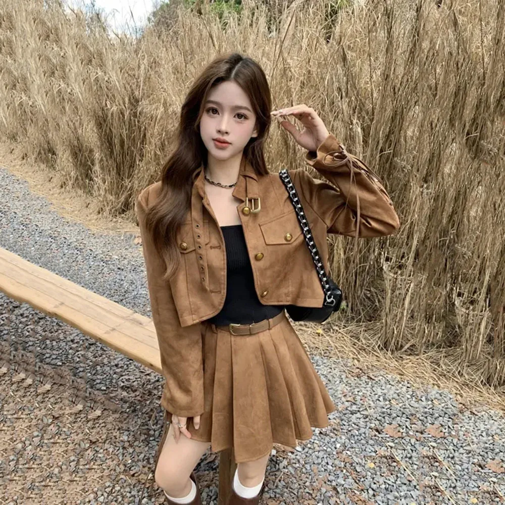 Suede Women Skirt Two Piece Set Autumn Long Sleeve Single Breasted Jacket Short Coat Tops + Pleated Mini Skirt Streetwear Outfit