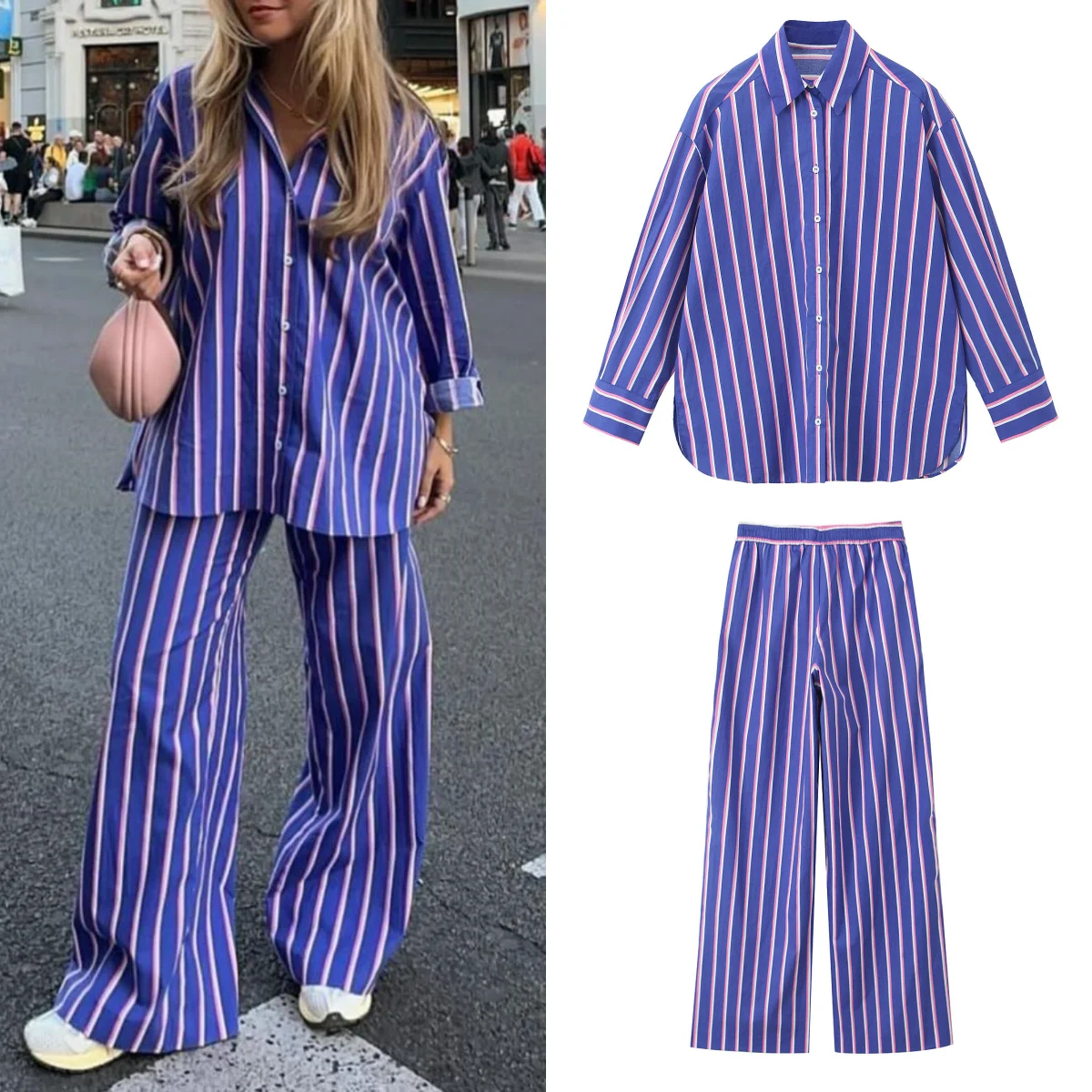 

TRAF Women's Striped Lapel Long Sleeve Single Breasted Shirt Elastic Waist Pockets Wide Leg Straight Pants Suit 2024 Summer