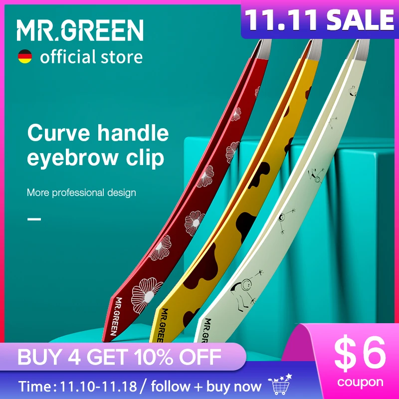 MR.GREEN Curve Handle Eyebrows Tweezers Professional Fine Hairs Puller Makeup Tools Stainless Steel Beauty Clips Removal