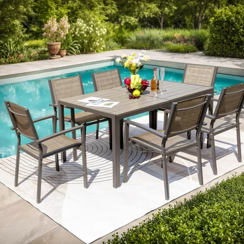 Ensemble de salle à manger d'extérieur avec table à degrés météo et 6 chaises en textilène pour cour, pont, marron, 7 pièces