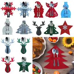4PCS Christmas Knife and Fork Holder Santa Claus Snowflake Elk Xmas Tree Pocket Cutlery Bag Non-woven Fabric Tableware Organizer