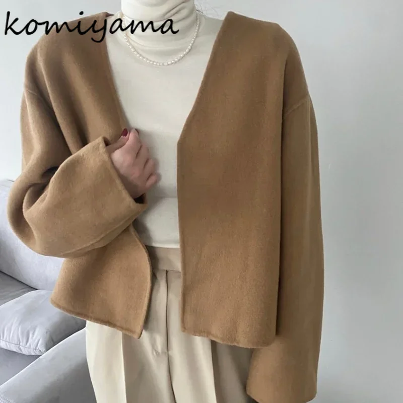 Komiyama Fashion Simple Jackets V Neck Long Sleeve Coats Minimalist Spring Winter Clothes Women Solid All Match Workwear